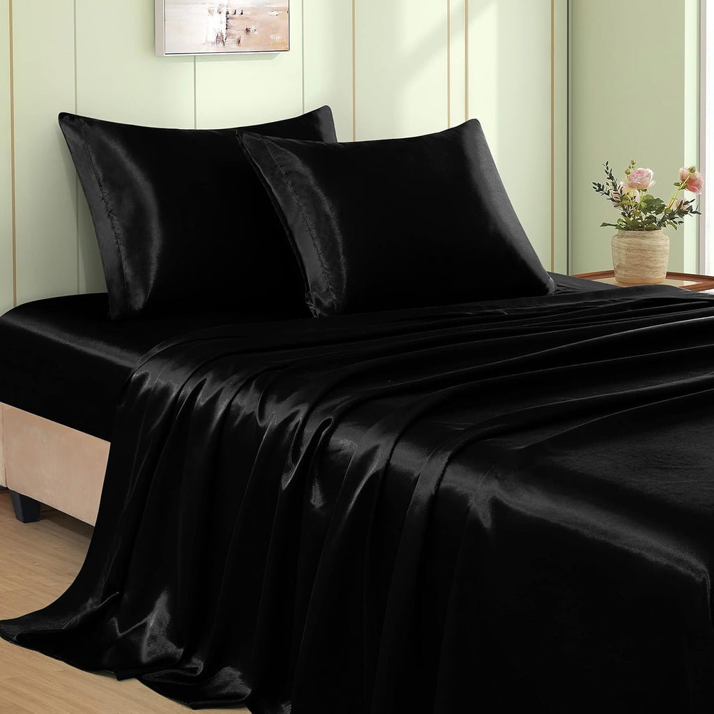 VACVELT 3pcs Black Satin Sheets Twin XL Size Bed Set, 15 Inch Deep Pocket Silky Satin Sheet Set, Soft Satin Bedding Set Cooling & Luxury…