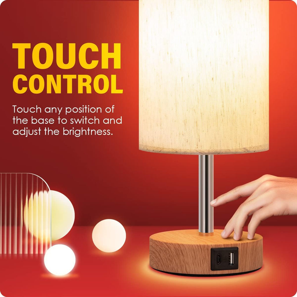 Yarra-Decor Bedside Lamp with USB A+C Port - Touch Control Table Lamp for Bedroom Wood 3 Way Dimmable Nightstand Lamp with Round Flaxen…