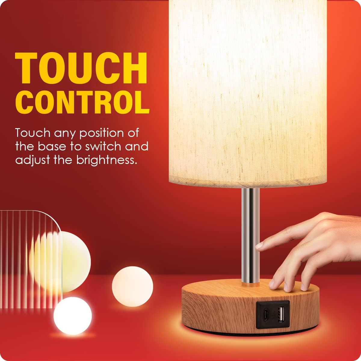 Yarra-Decor Bedside Lamp with USB A+C Port - Touch Control Table Lamp for Bedroom Wood 3 Way Dimmable Nightstand Lamp with Round Flaxen…
