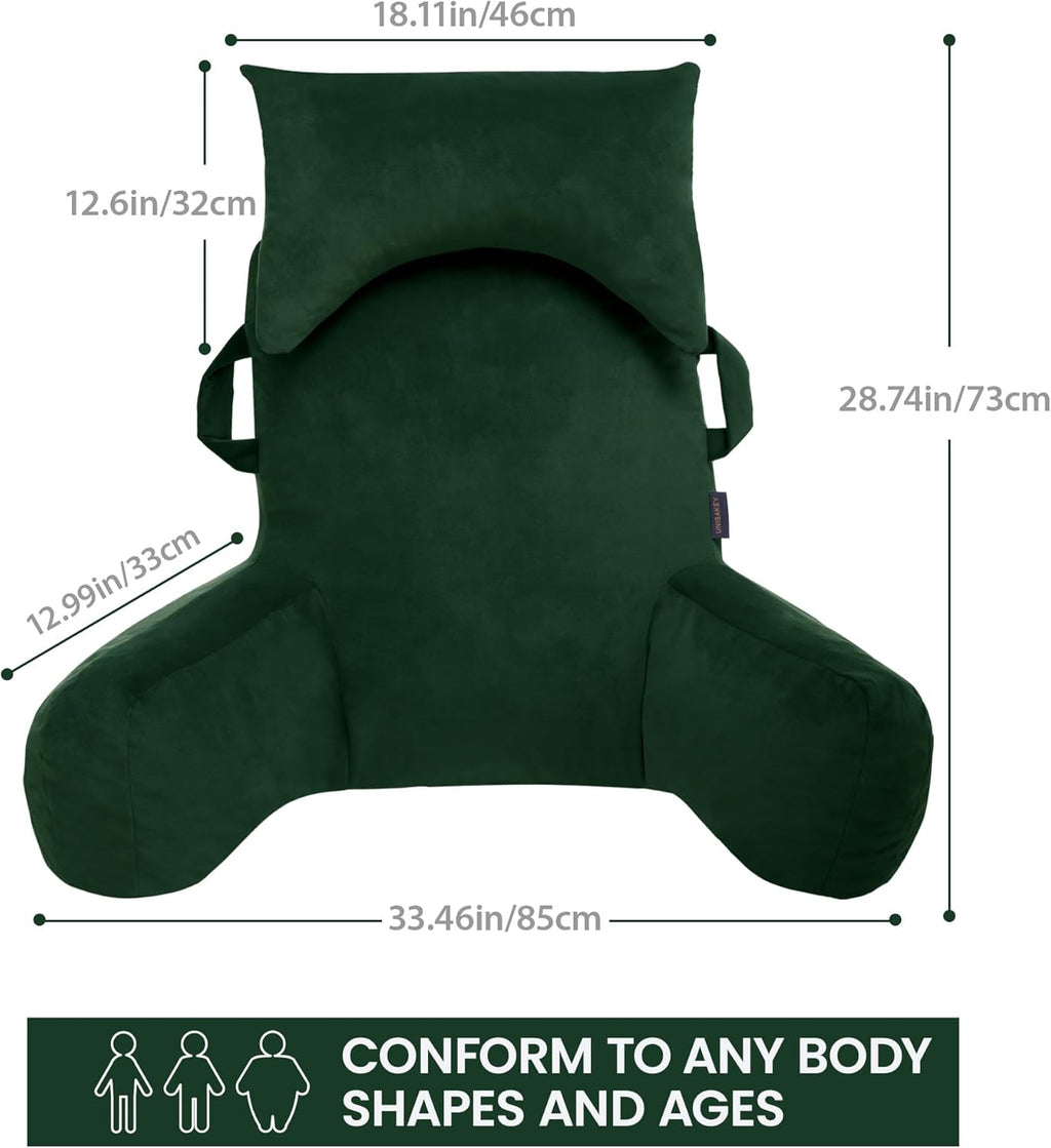 Unisakey Portable Reading Pillows with Headrest for Bed Sitting Up(Dark Green Oeko-Tex), Velvet Back Pillow with Arms & Pockets for…