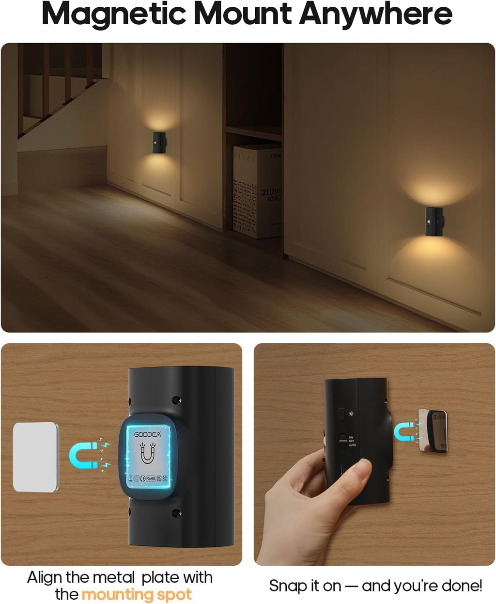 GOODEA Rechargeable Night Light with Motion Sensor, 2200mah Battery Operated Warm White Motion Sensor Light Indoor, Magnetic Stick-on…