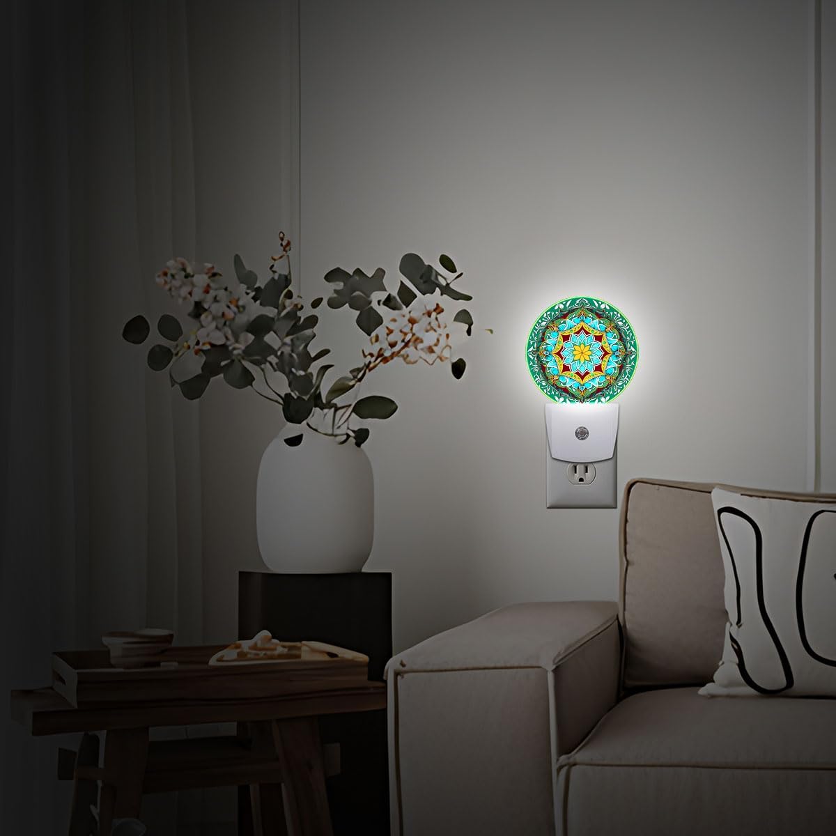 Mandala Flower Plug in Night Light Auto Light Round Lamps Energy Saving Gift for Women Men Friends