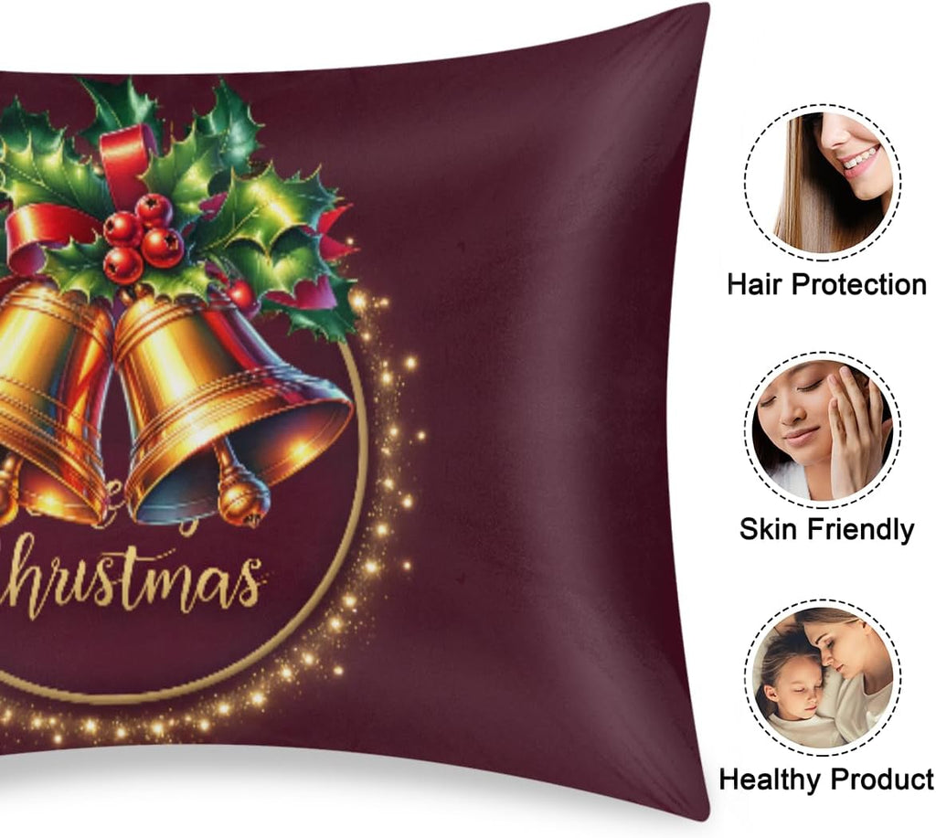 Christmas Satin Pillowcase for Hair and Skin Christmas Bell Soft Silk Pillow Case with Envelope Closure Cooling Pillow Cases Slip…