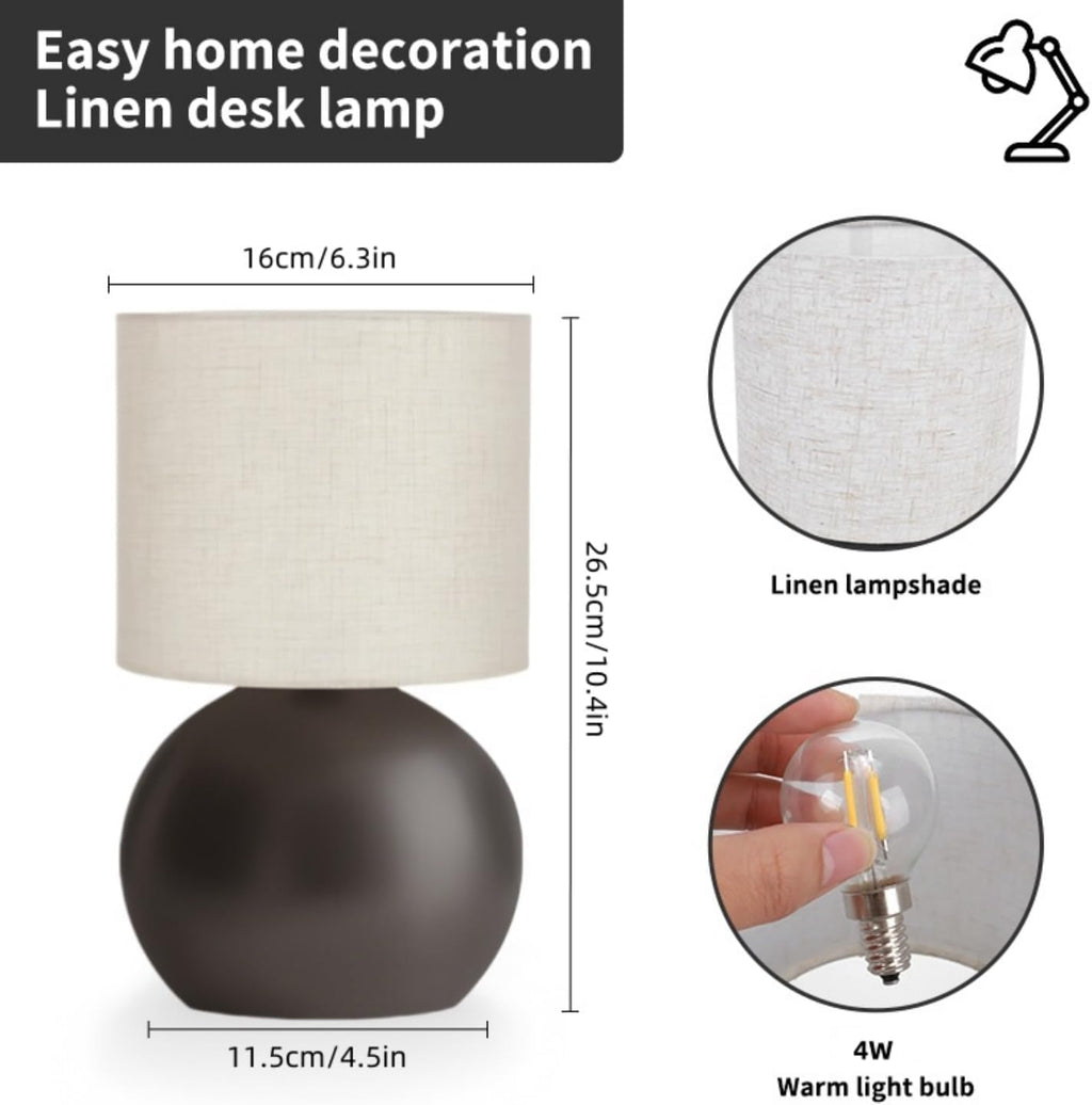 Modern Brown Small Table Lamp with Cotton Linen Shade, 6.3X6.3X10.4-inch LED Desk Light, One-Button Switch for Bedroom, Living Room…