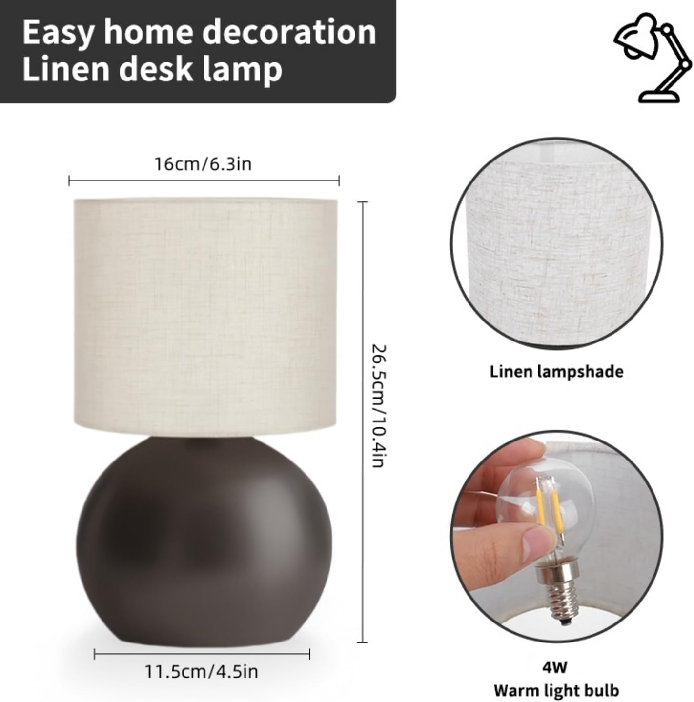 Modern Brown Small Table Lamp with Cotton Linen Shade, 6.3X6.3X10.4-inch LED Desk Light, One-Button Switch for Bedroom, Living Room…