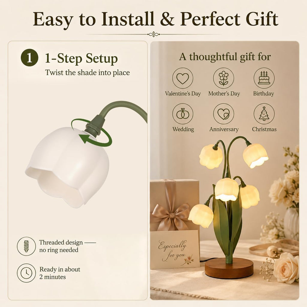 Flower Table Lamp for Bedroom, Cute Flower Reading Light with 5 White Lily of The Valley, Desk Lamp Bedside Lamps for Nightstands Home…