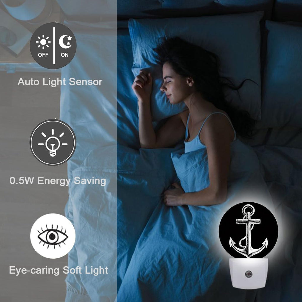 Nautical Anchor Black Night Light Plug Into Wall Auto Led Sleep Round Lamp for Living Room Hallway Stairs
