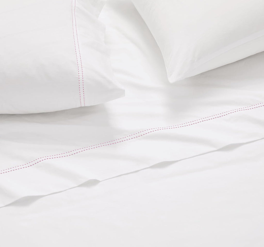 Scout 100% Cotton Percale Pick Stitch 2-Piece Standard Pillowcases in White/Pink Lemonade, Solid Color, Oeko-TEX Certified Cotton White