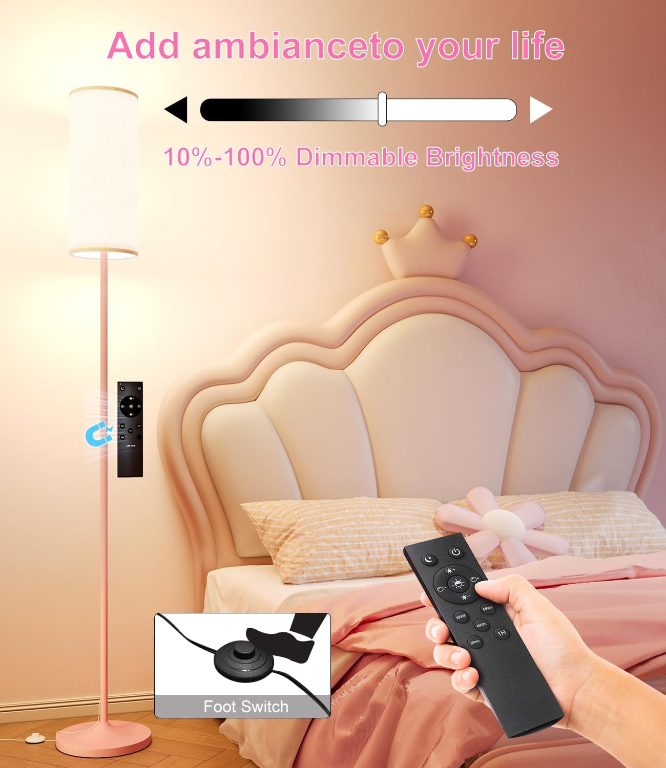 luckystyle LED Floor Lamp for Living Room, Dimmable Tall Lamps with Foot Switch, Remote Custom Color Temperature Pink Pole Lamp with…