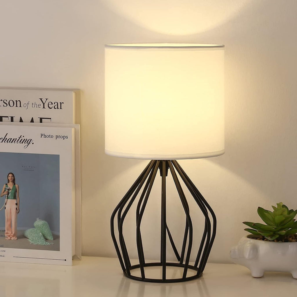 HAITRAL Modern Bedside Table Lamp - Minimalist Small Lamp with Hollowed Out Base Linen Fabric Shade, Metal Nightstand Lamp for Bedroom…