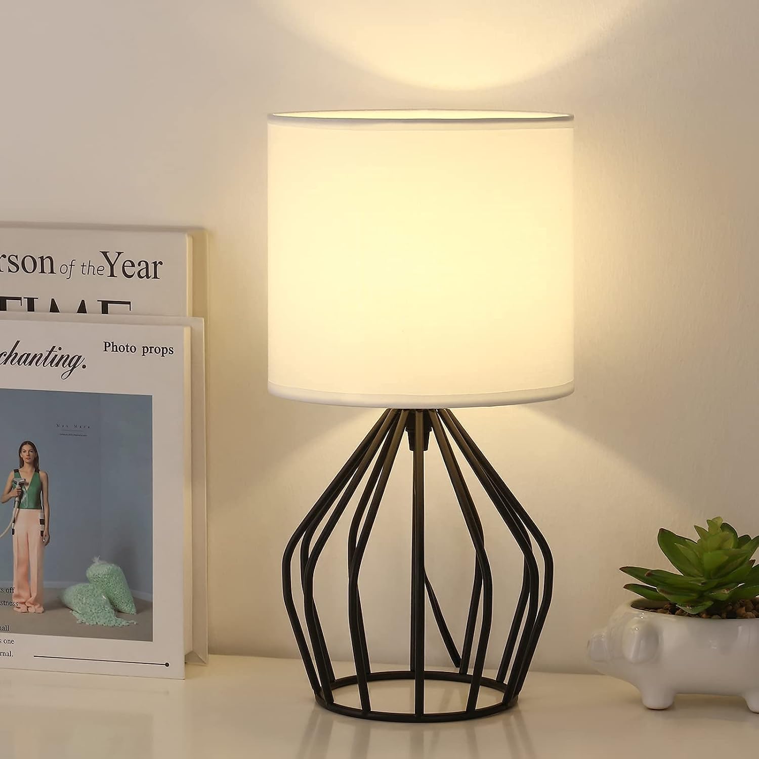 HAITRAL Modern Bedside Table Lamp - Minimalist Small Lamp with Hollowed Out Base Linen Fabric Shade, Metal Nightstand Lamp for Bedroom…