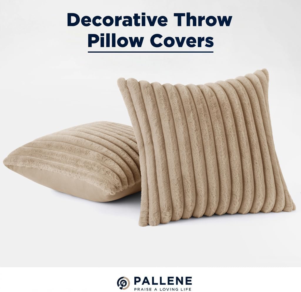 Pallene Faux Fur Plush Throw Pillow Covers 18x18 Set of 2, Luxury Soft Fluffy Striped Decorative Pillow Covers for Sofa, Couch, Living…