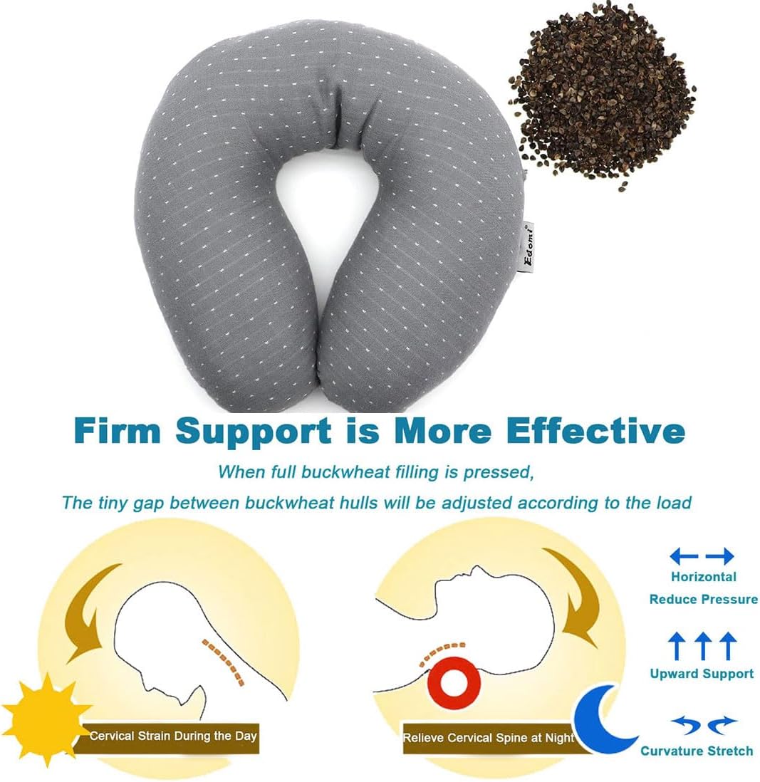 Buckwheat U-Shaped Neck Pillow Adjustable Buckwheat Hull Pillow with Pillowcase, Neck Support and Shoulder Relax Cervical Pillow (12x12…