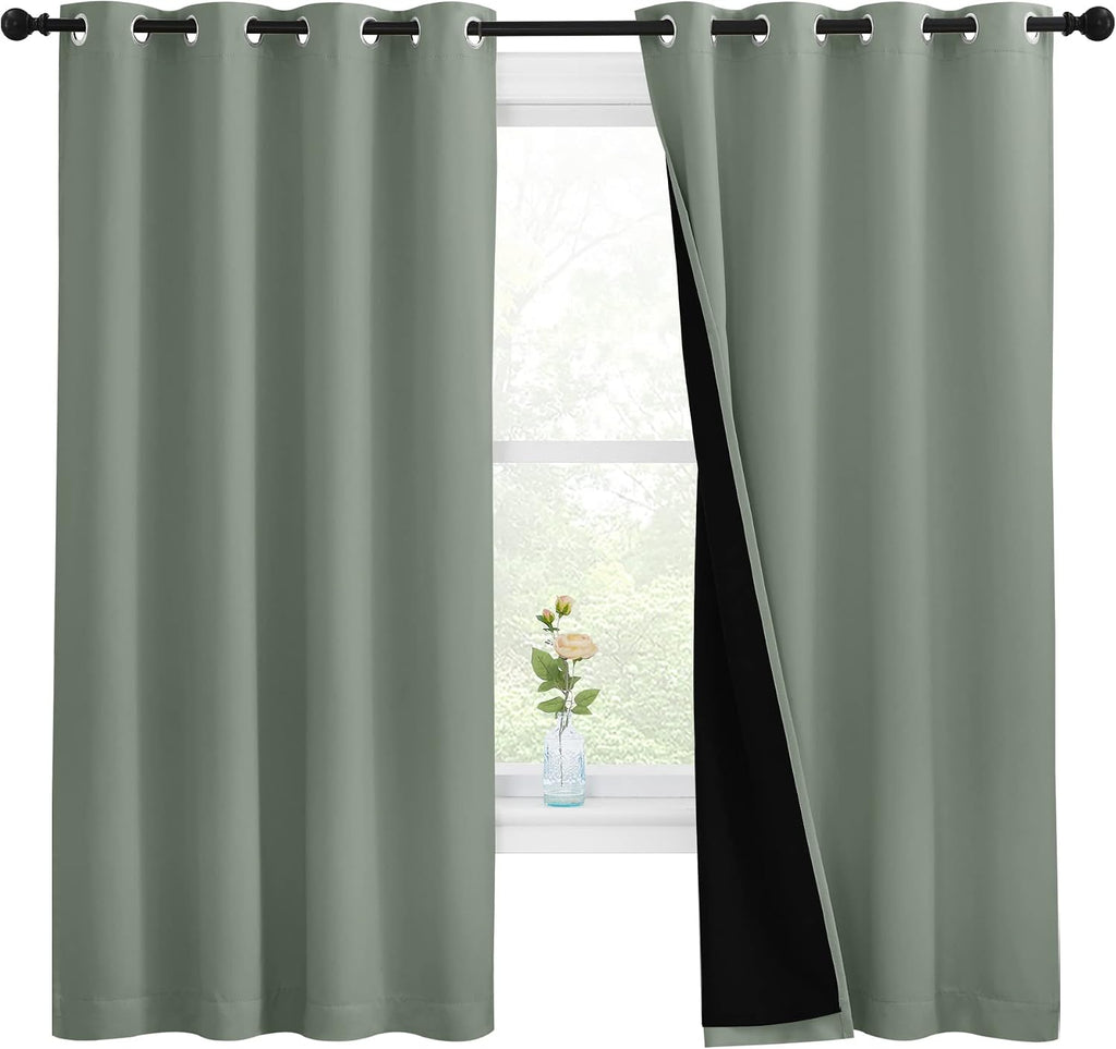 Nicetown Greyish Green 100% Blackout Lined Curtains, 2 Thick Layers Completely Blackout Window Treatment Thermal Insulated Drapes for Kitch…