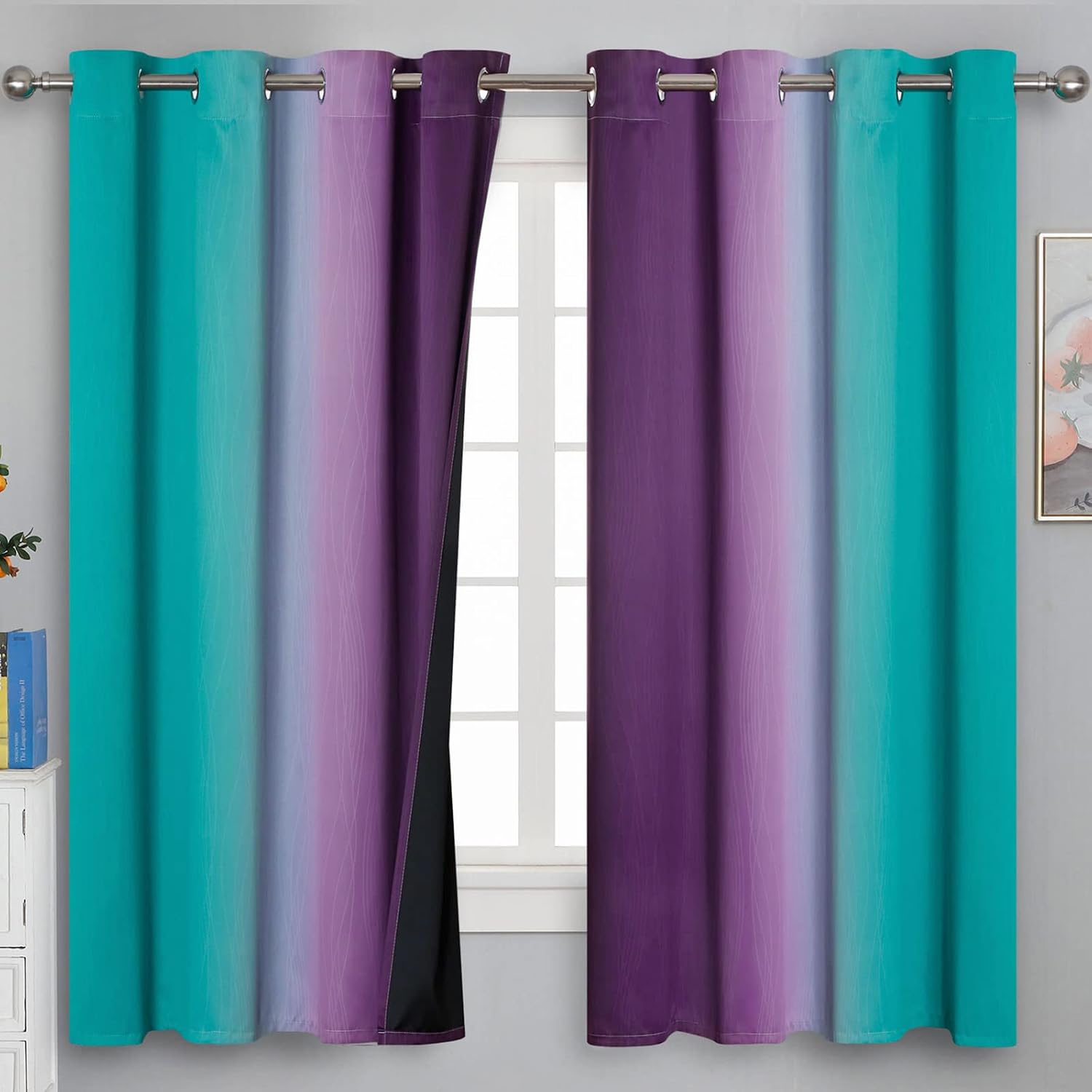 Estelartextiler Teal and Purple Gradient Curtains 63 Inch Length 2 panels, Ombre and Wavy Line Pattern Blackout Curtains for Kids Room, Ful…