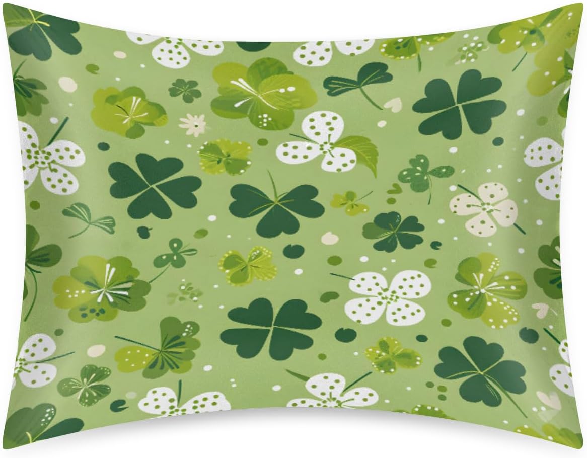 Green St. Patrick's Shamrock Satin Pillowcase for Hair and Skin Soft Silk Pillow Cases with Envelope Closure Cooling Pillow Case Slip…