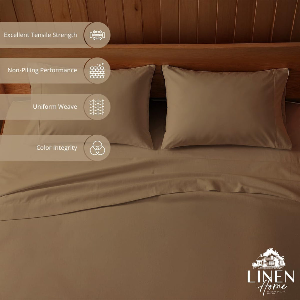 Linen Home 100% Cotton Percale Sheets Full Size, Earthy Brown, Deep Pocket, 4 Pieces Set - 1 Flat, 1 Deep Pocket Fitted Sheet and 2…