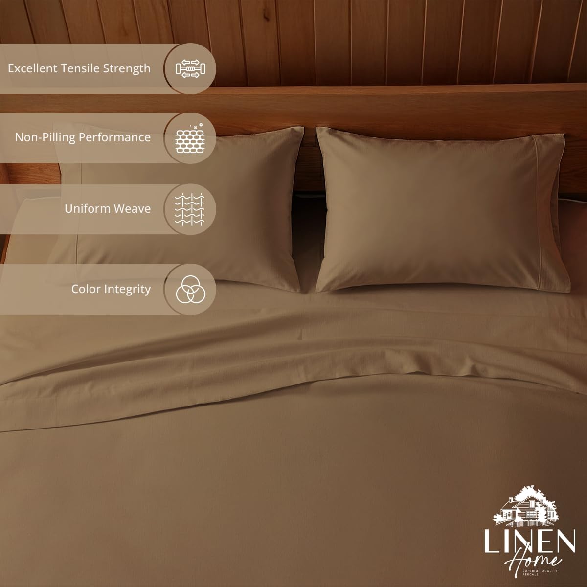 Linen Home 100% Cotton Percale Sheets Full Size, Earthy Brown, Deep Pocket, 4 Pieces Set - 1 Flat, 1 Deep Pocket Fitted Sheet and 2…