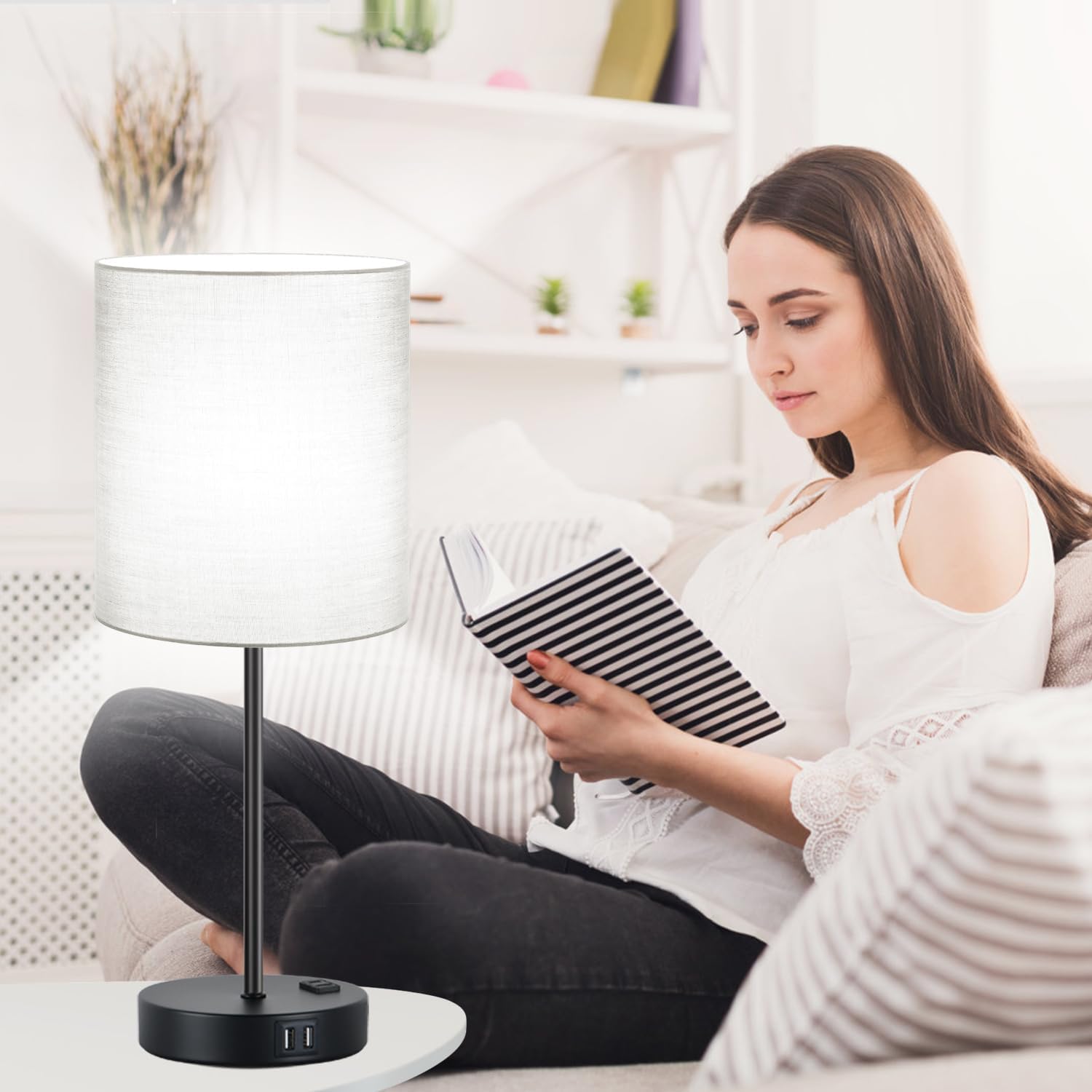 Lynnoland Set of 2 Touch Control Table Lamps with 2 USB & AC Outlet, 3-Way Dimmable Bedside Nightstand Lamps for Bedroom Living Room…
