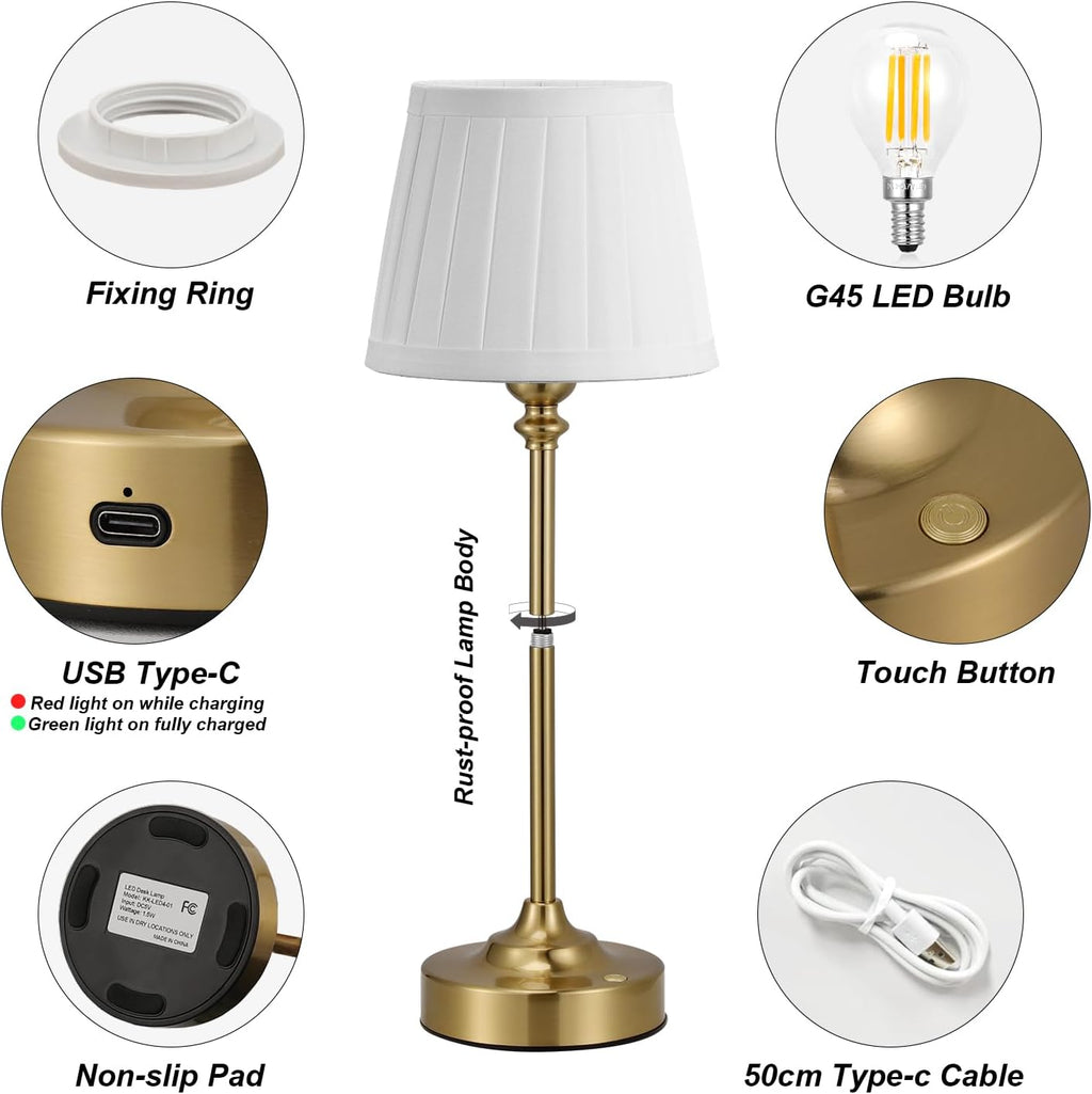 Cordless Table Lamp Rechargeable Gold - 1 Pack Brass 4000mAH Battery Operated Lamp for Decor, 3000K Stepless Dimming Touch Control…