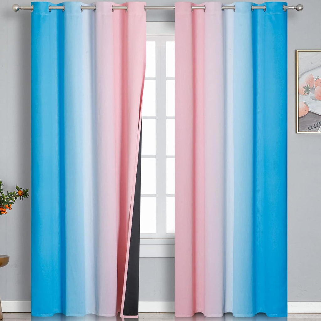 Estelartextiler Estelar Textiler Pink and Blue Ombre Blackout Curtains 96 Inches Long, Full Room Darkening Grommet Curtains for Bedroom, Th…