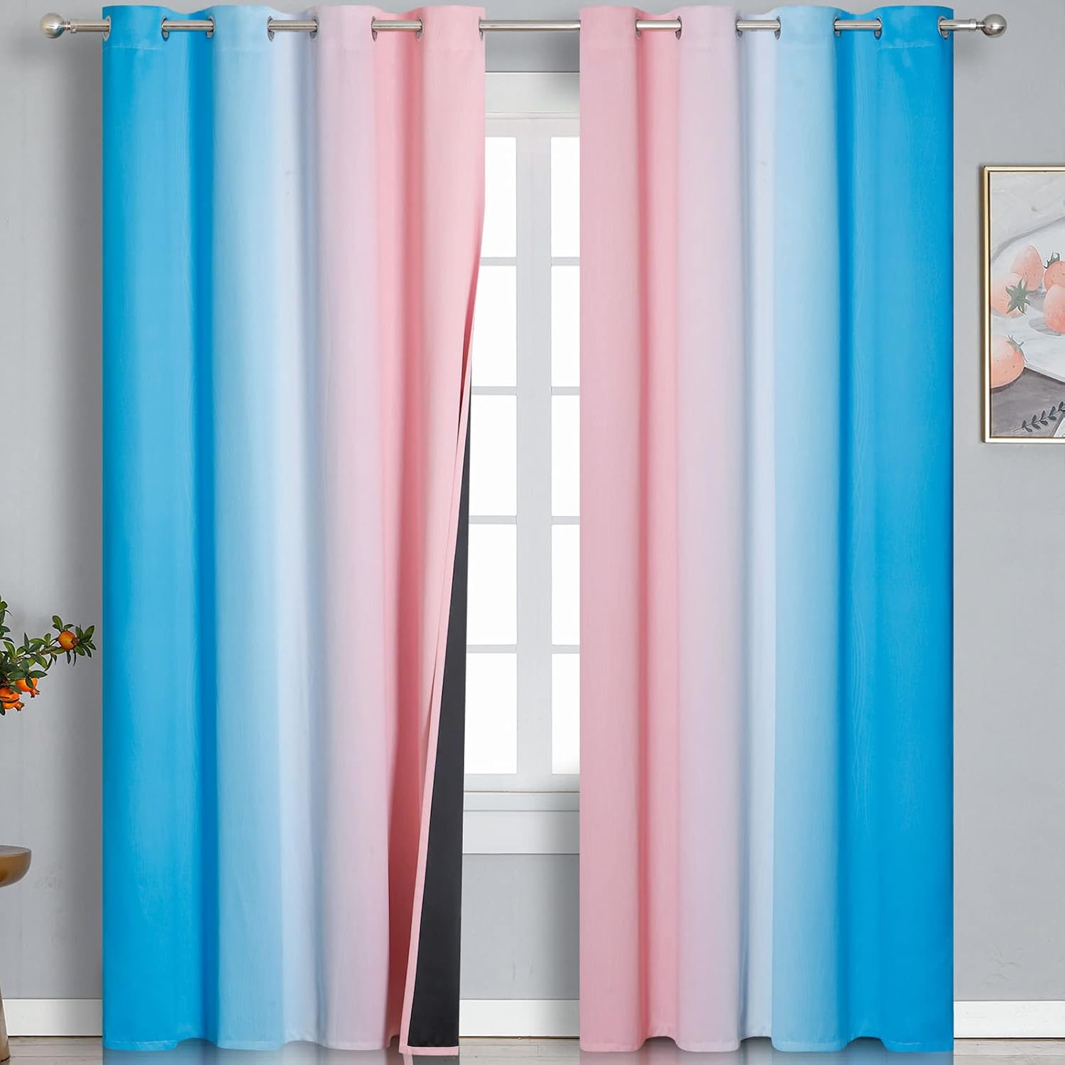 Estelartextiler Estelar Textiler Pink and Blue Ombre Blackout Curtains 96 Inches Long, Full Room Darkening Grommet Curtains for Bedroom, Th…