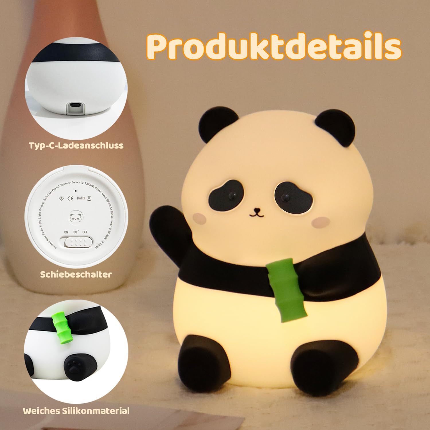 Rytinazzz Silicone Night Light for Kids, 50H Long Battery Panda Lamp, Gift for Kids, Soft Dimmable Bedside Light, Rechargeable Tap Control