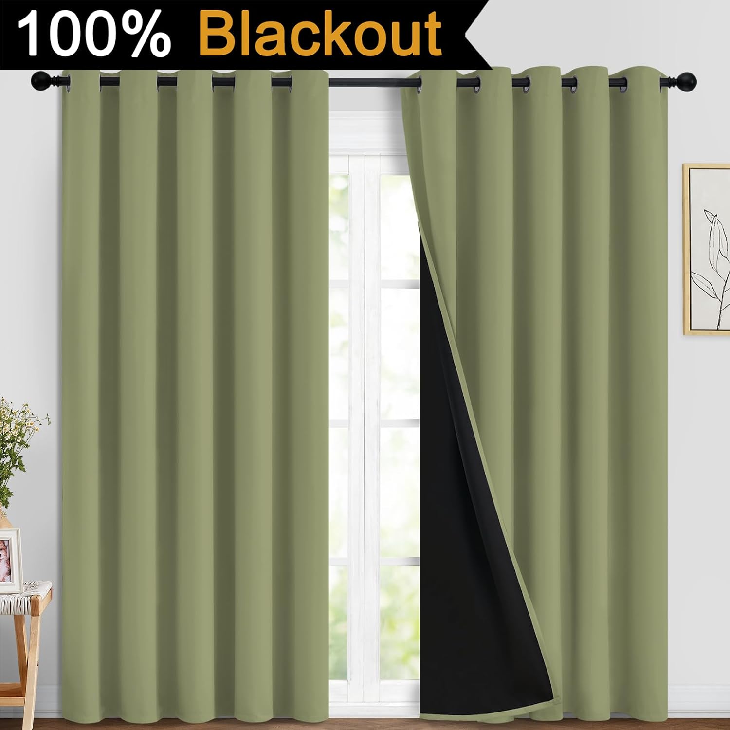 Yakamok 100% Blackout Window Curtain Panels, Heat and Full Light Blocking Drapes with Black Liner for Nursery, Thermal Insulated Draperies (…