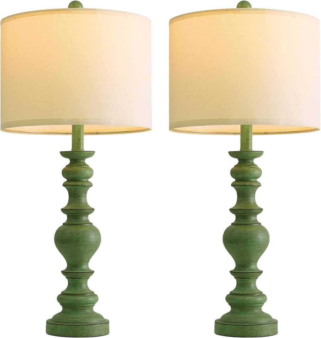 BOBOMOMO 27" Sage Green Table Lamps Set of 2, Large Farmhouse Resin Lamps with Linen Shades, Green Vintage Lamps for Living Room…
