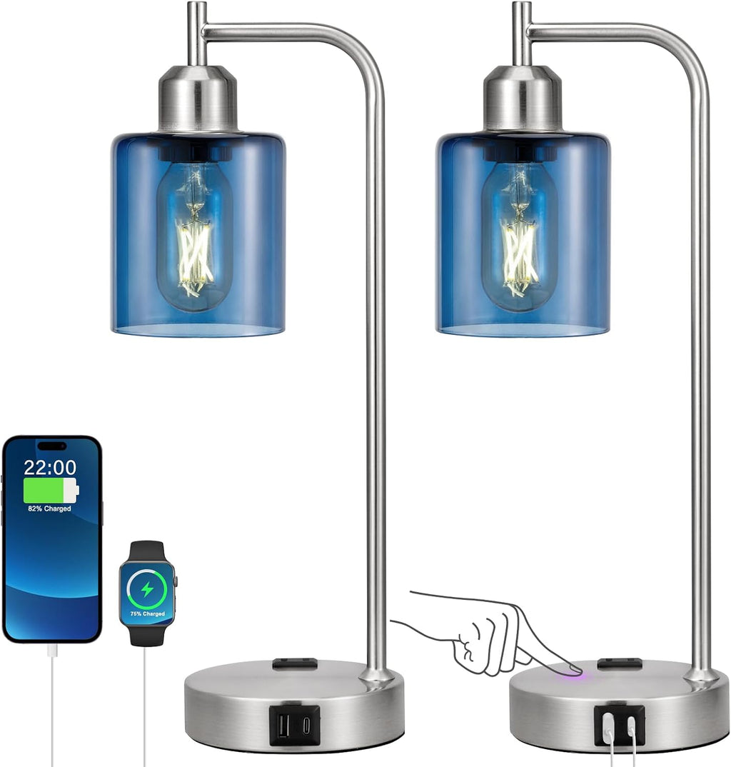 Innqoo Industrial Blue Table Lamps for Bedrooms Set of 2-3-Way Dimmable Desk Lamp with USB C+A Ports and Outlet, Nickel Lamps with Green…