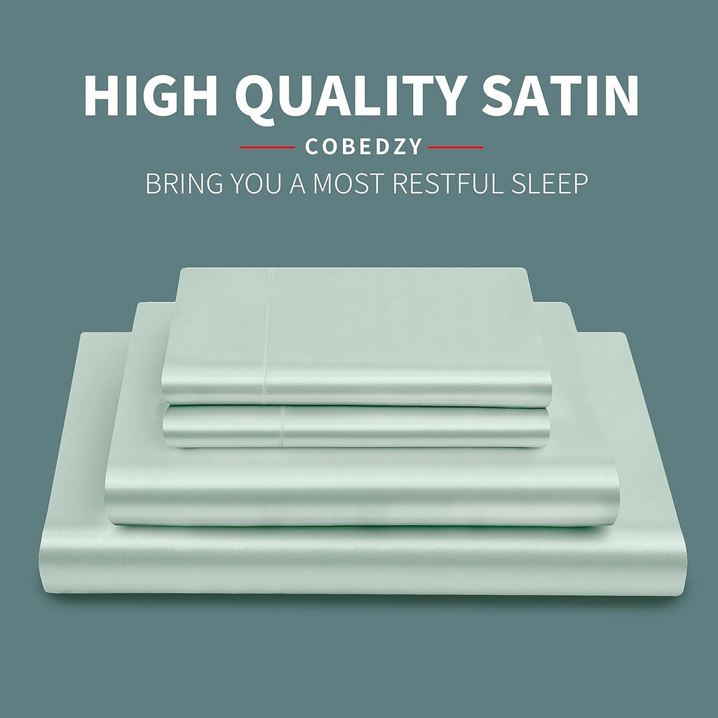 Cobedzy 3 Pcs Mint Green Satin Sheets Twin XL Size Silky Satin Bedding Sheets Set with 1 Deep Pocket Fitted Sheet, 1 Flat Sheet, 1 Pillowca…