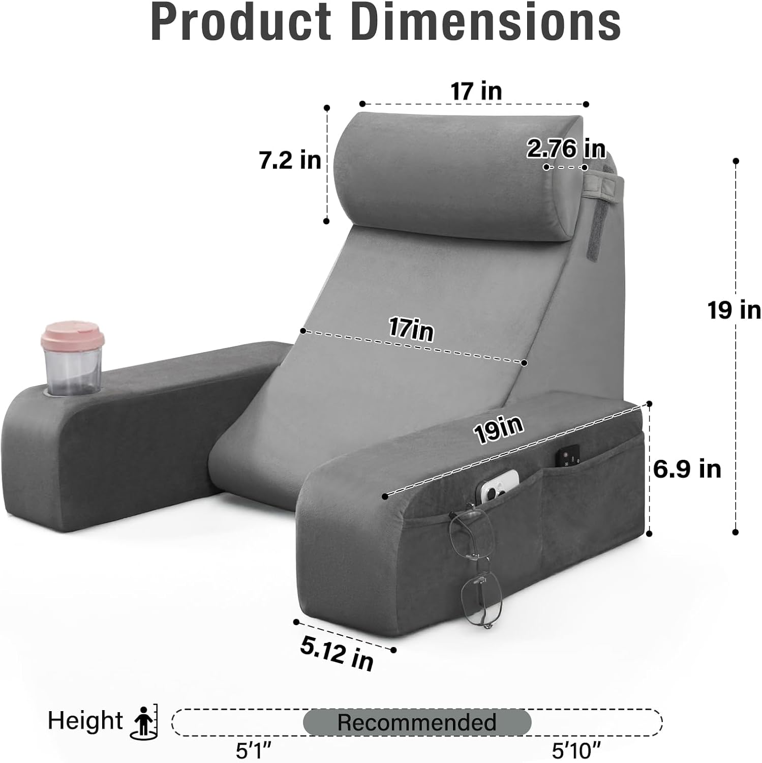 ENITYA 19" Back Support Pillow with Cup Space - Reading Pillow with Built-in Arms & Large Pockets, Removable Washable Cover, Wedge for…