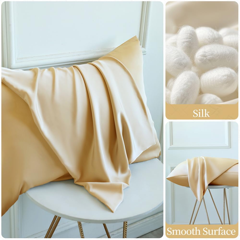 2 Pack Mulberry Silk Pillow Cases Standard Size with Hidden Zipper, Ultra Smooth and Soft Breathable Cooling Silk Satin Pillowcase for…