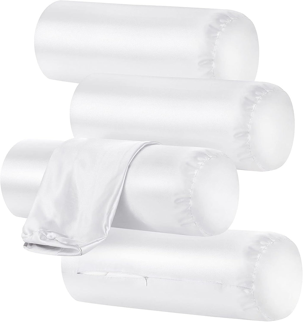 Remerry 4 Pack 16 x 6 Inches White Neck Roll Pillow Case Cover Only Round Bolster Cervical Roll Satin Cylinder Pillow Case Cover with Zippe…
