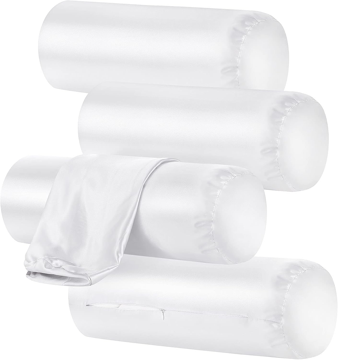Remerry 4 Pack 16 x 6 Inches White Neck Roll Pillow Case Cover Only Round Bolster Cervical Roll Satin Cylinder Pillow Case Cover with Zippe…