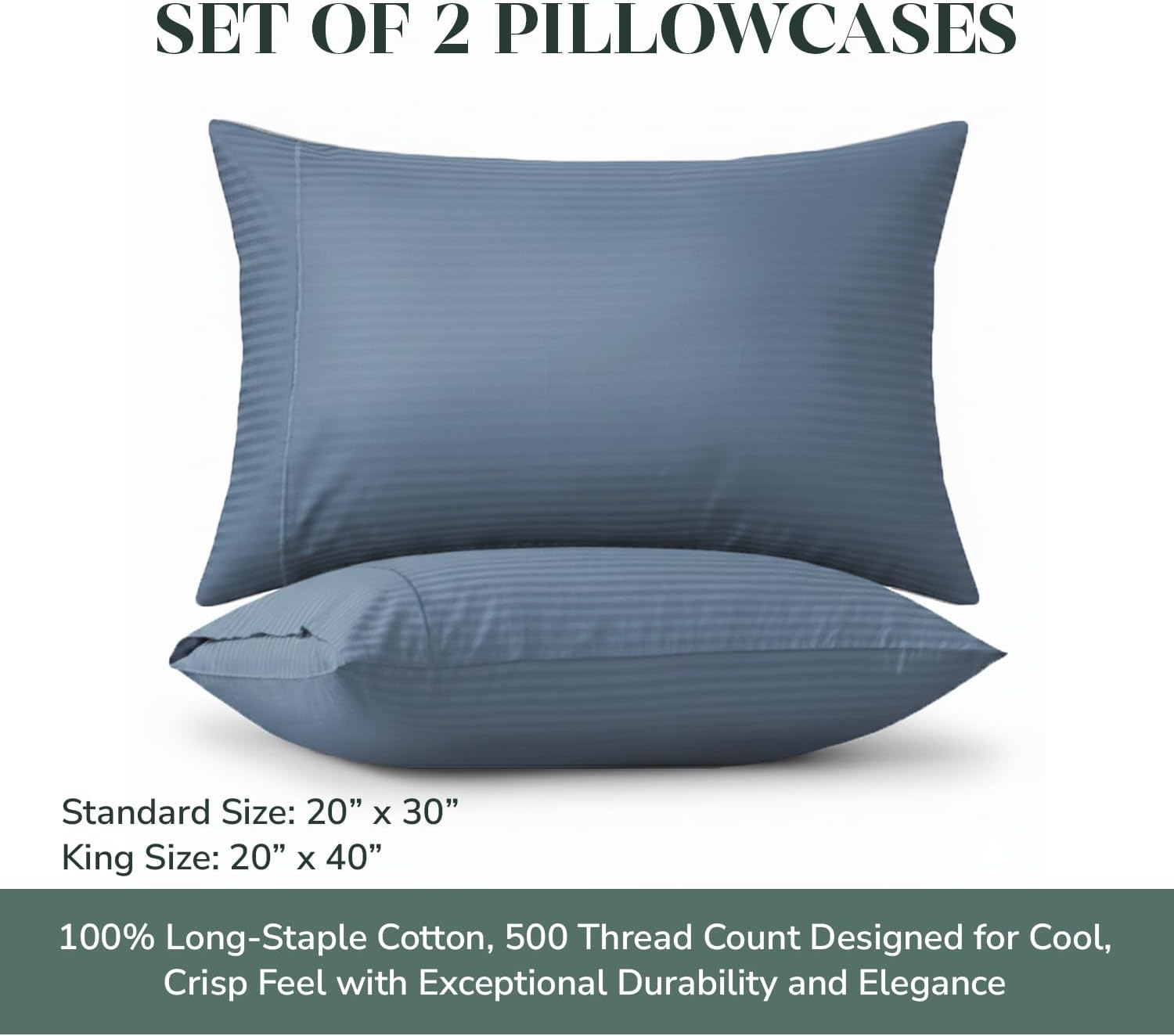 Featherstitchnewyork Feather & Stitch 100% Cotton King Pillow Covers Set of 2, 500TC Envelope Closure Pillowcases, Soft Luxury Damask Strip…