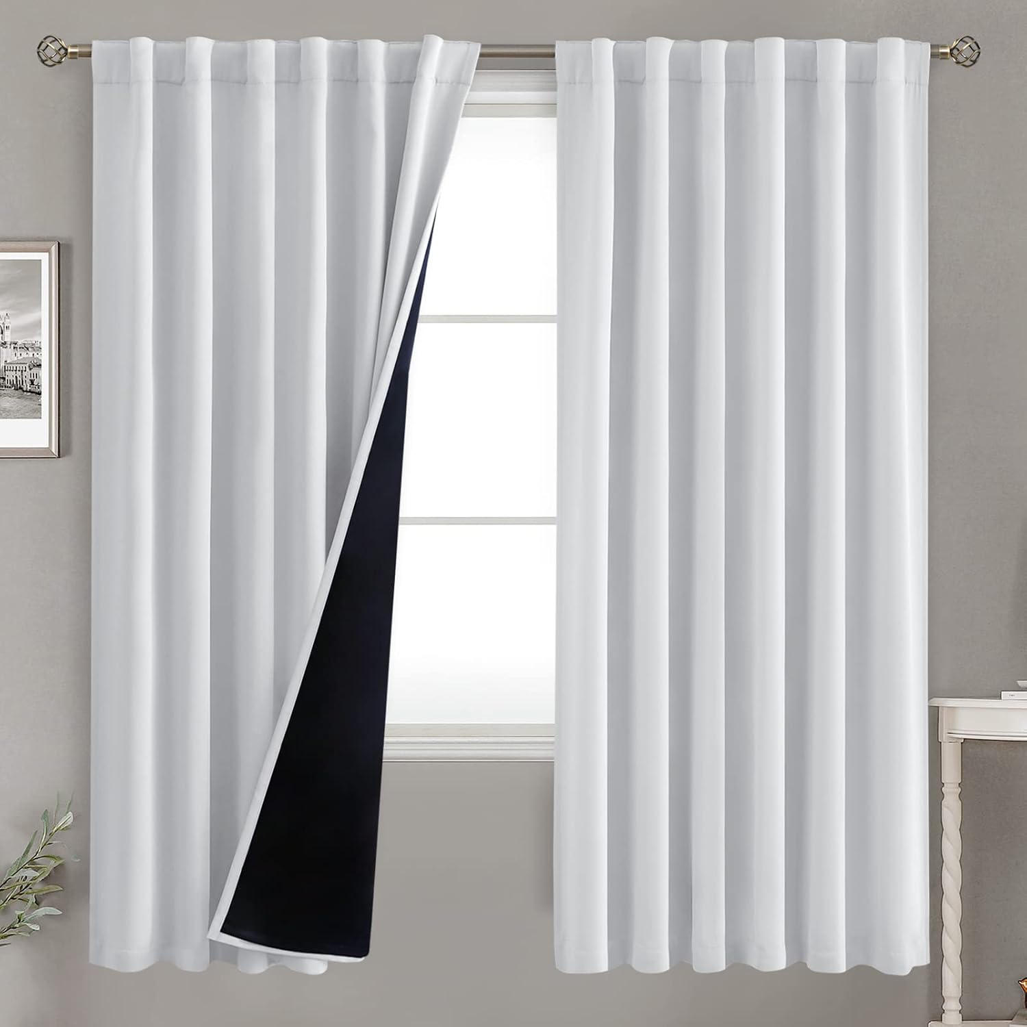 BGment Greyish White 100% Blackout Curtains 72 Inches Long with Black Liner, Rod Pocket and Back Tab Double Layer Room Darkening Thermal…