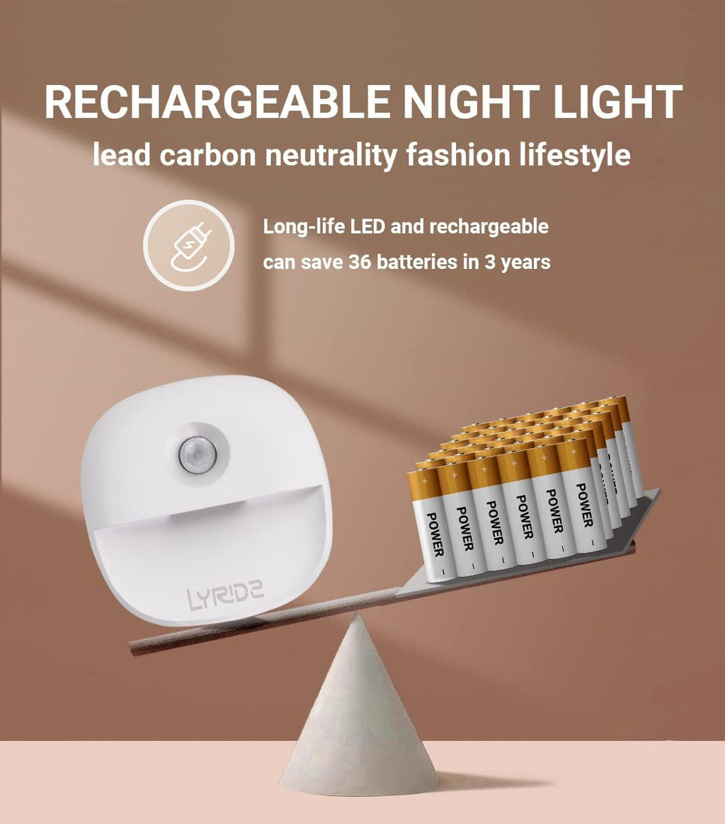 Lyridz Rechargeable Battery Night Light with Motion Sensor, Dimmable Amber Nightlights for Bathroom, Bedroom, Hallway, Stairs, Pet House…