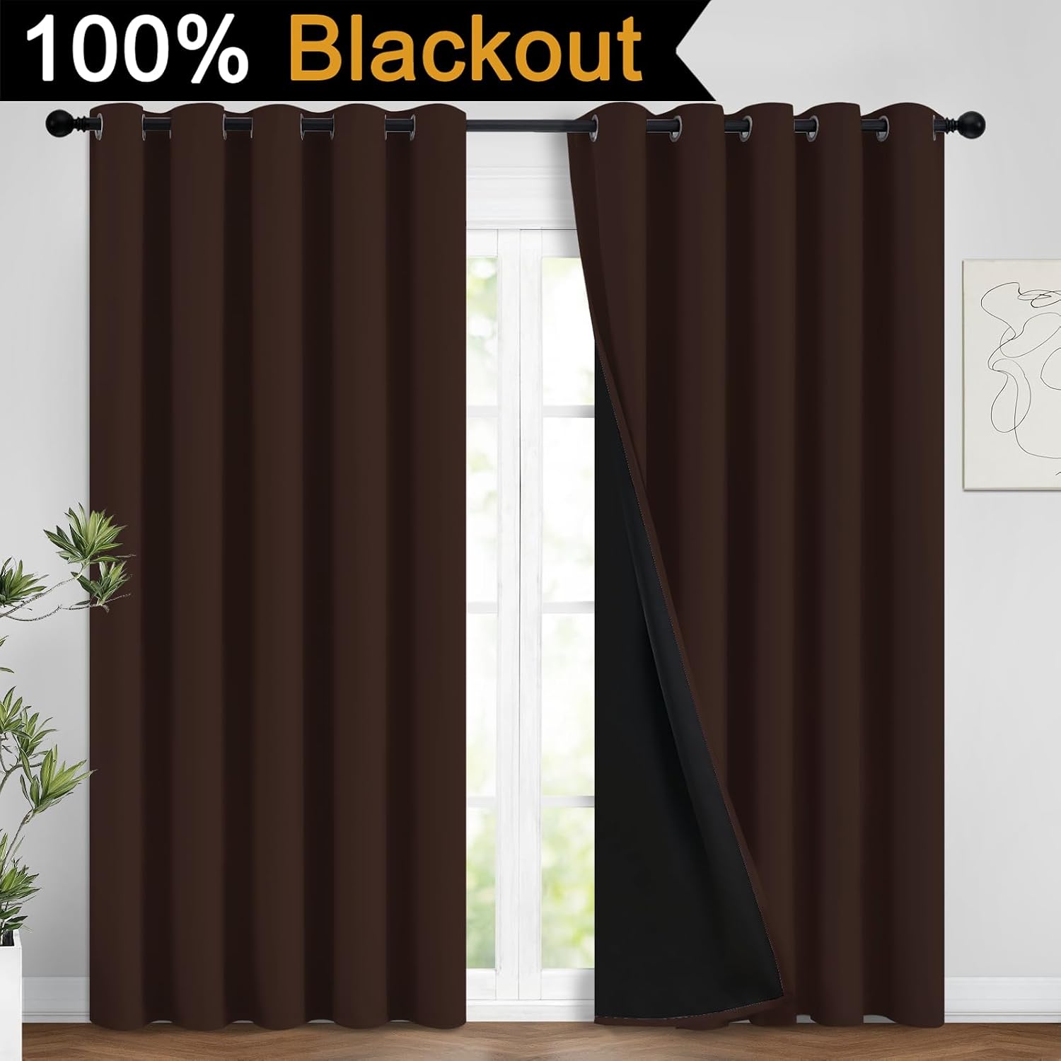 Yakamok 100% Blackout Curtains for Bedroom, 2 Thick Layers Thermal Insulated Grommet Total Blackout Drapes with Black Liner for Living Room…