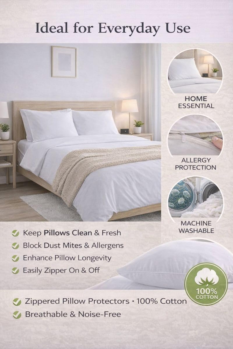 Zippered Cotton Pillow Protectors – 100% Breathable Percale, Non-Quilted Pillow Encasements, Dust & Allergen Barrier, Machine Washable –…