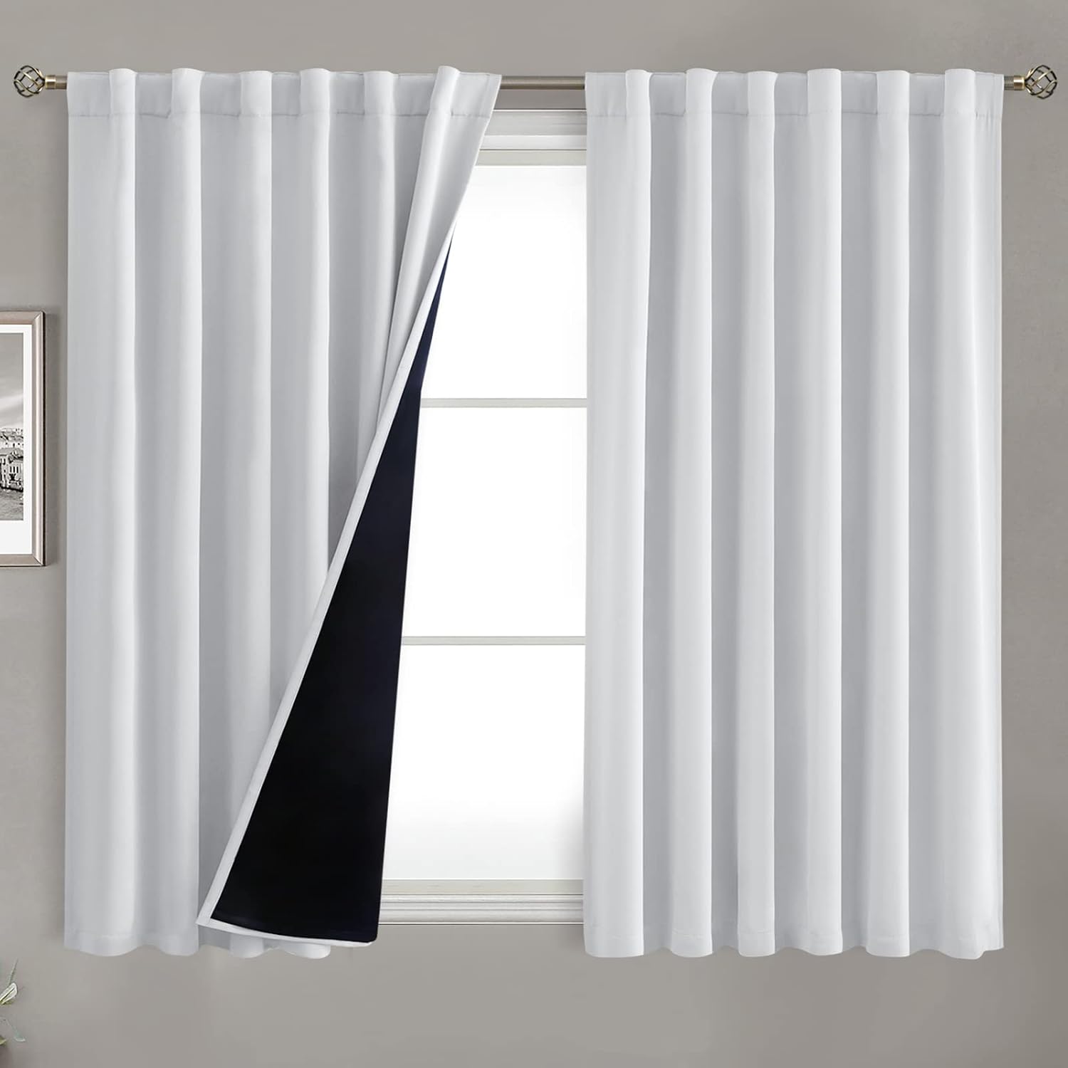 BGment Greyish White 100% Blackout Curtains 54 Inches Long with Black Liner, Rod Pocket and Back Tab Double Layer Room Darkening Thermal…