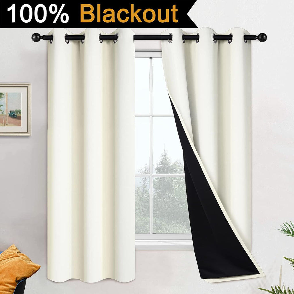 Yakamok 63 Inch Length 100% Blackout Curtains for Bedroom, 2 Thick Layers Thermal Insulated Grommet Total Blackout Drapes with Black Liner…