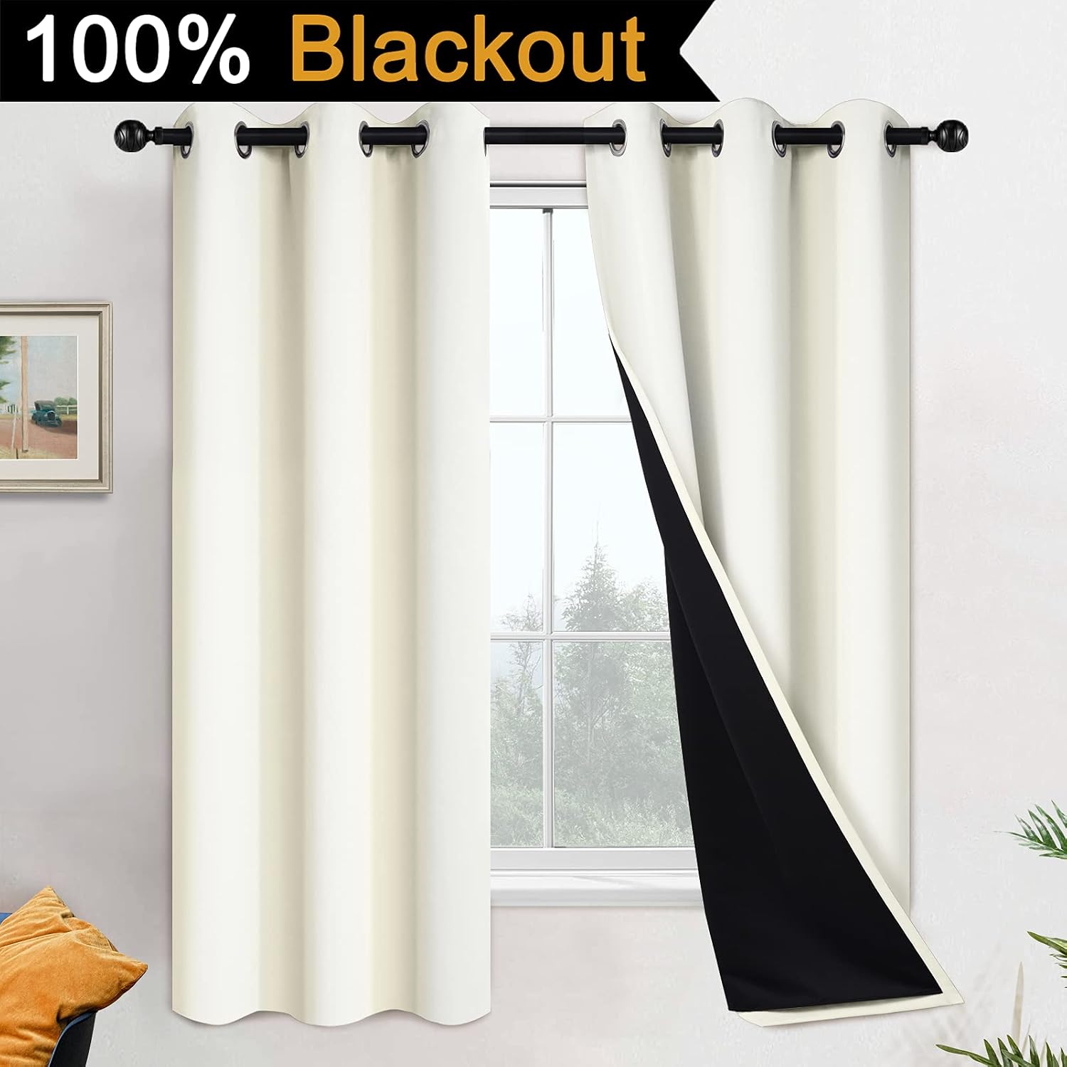 Yakamok 63 Inch Length 100% Blackout Curtains for Bedroom, 2 Thick Layers Thermal Insulated Grommet Total Blackout Drapes with Black Liner…