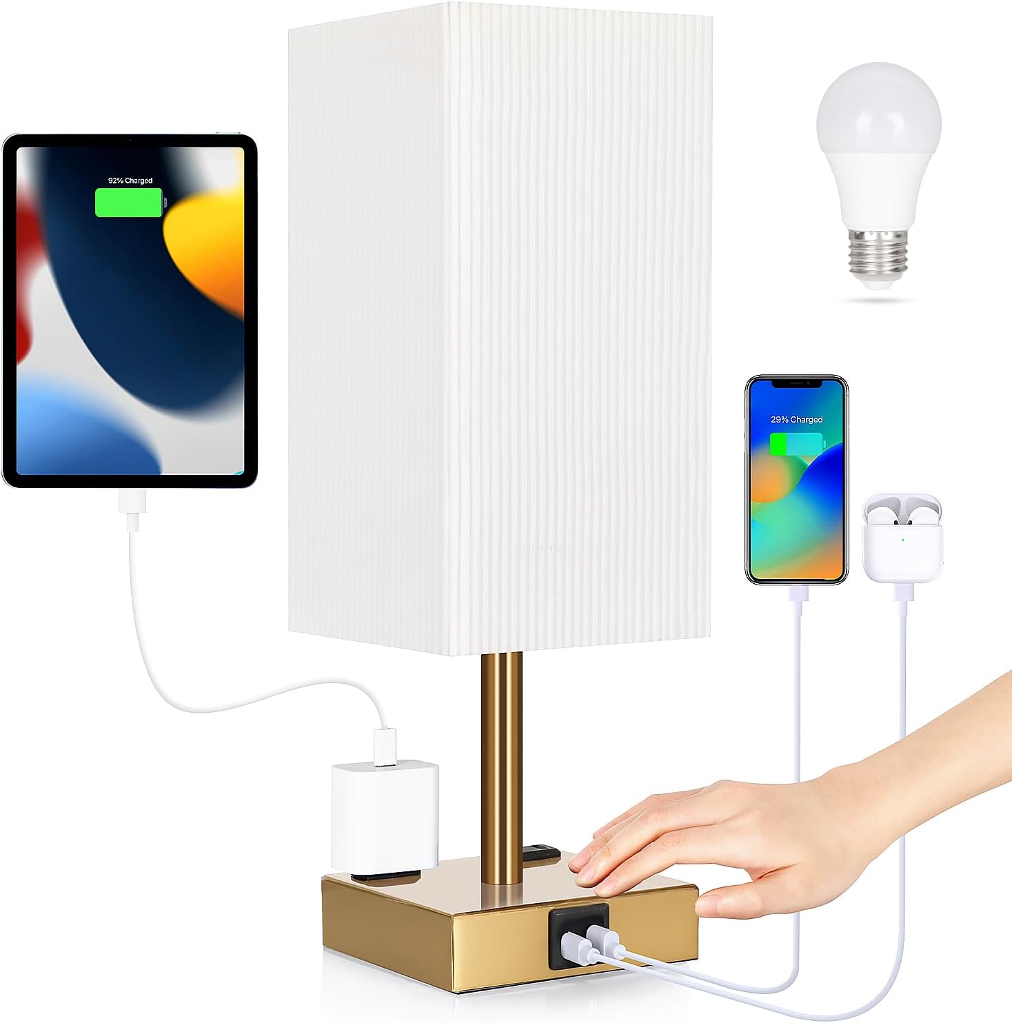 Bedside Lamp with USB Ports - Touch Control Table Lamp for Bedroom with USB C+A Ports & AC Outlets, 3 Way Dimmable Nightstand Light with…