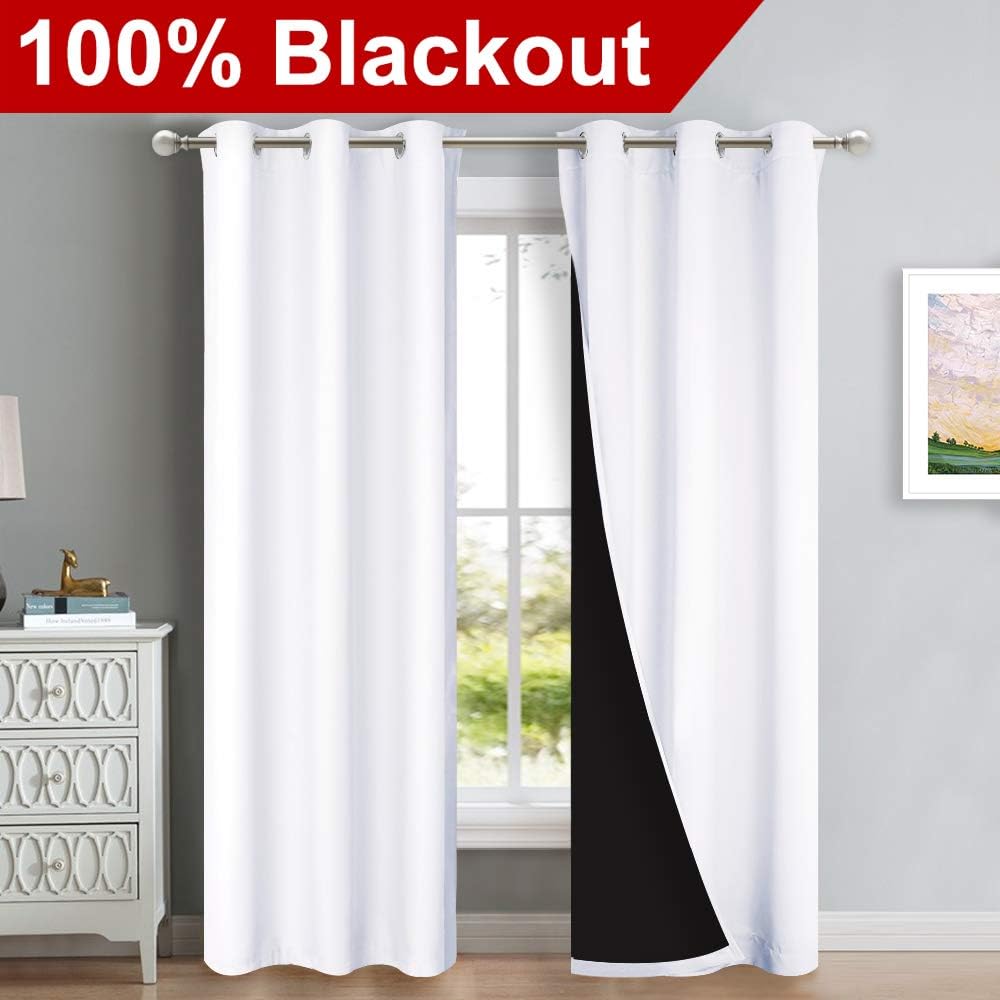 Nicetown White Blackout Curtains 84 inches Long, Full Light Blocking Drapes with Black Liner for Nursery, Thermal Insulated Draperies for H…