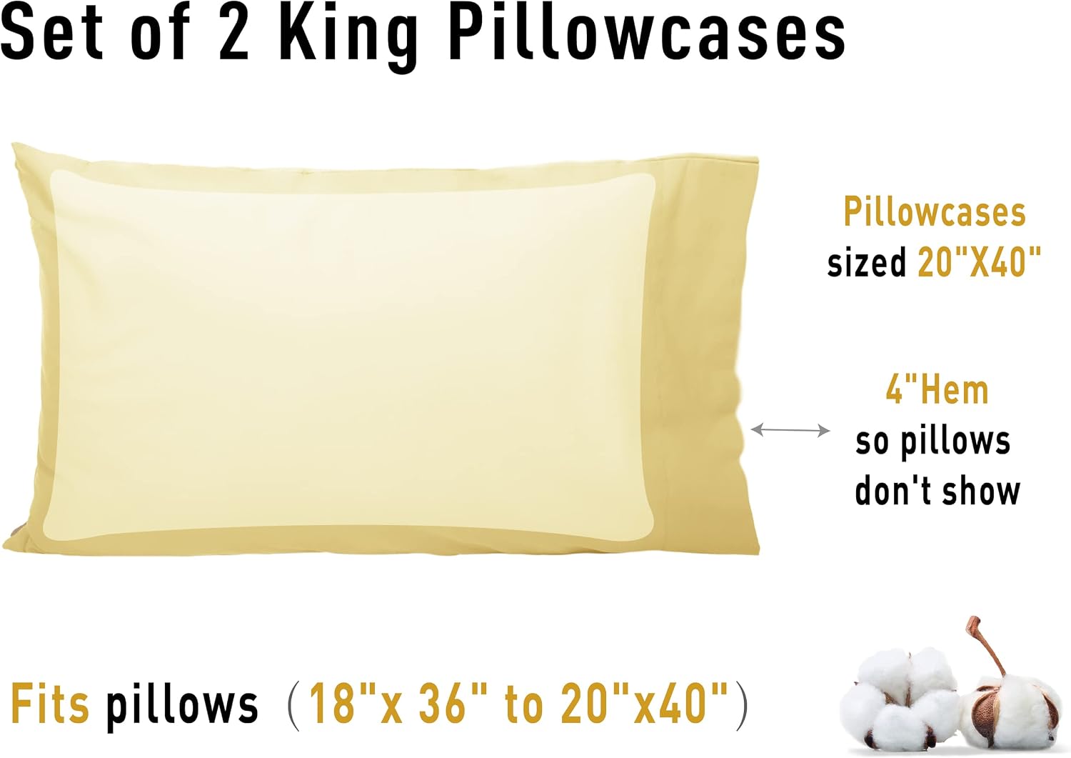 Sunflower King Pillowcases Set of 2, 100% Cotton King Size Pillow Cases 2, 20×40 inches Honeyed Straw, Soft and Breathable