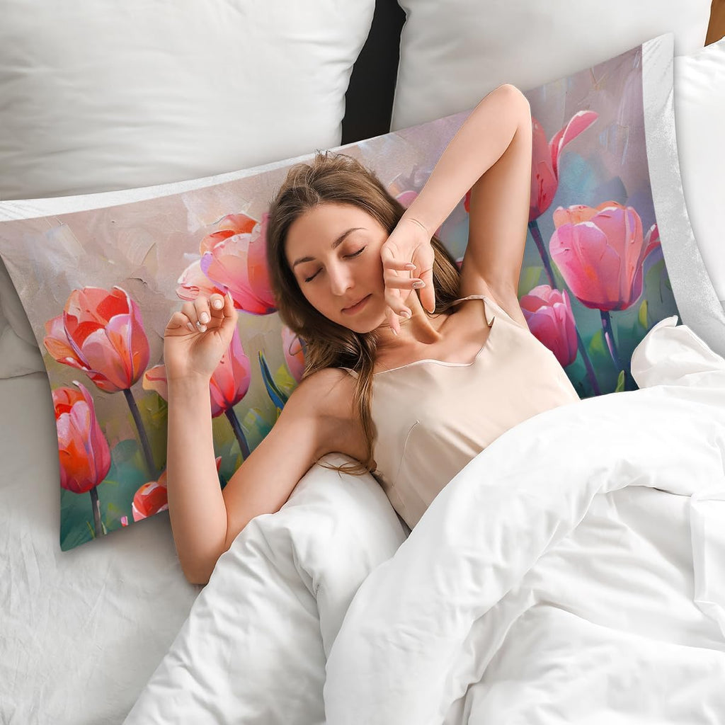 Beautiful Tulip Flower Satin Silk Pillowcase for Hair and Skin Pillow Cases King Size Soft Silk Pillow Case with Envelope Closure Print…
