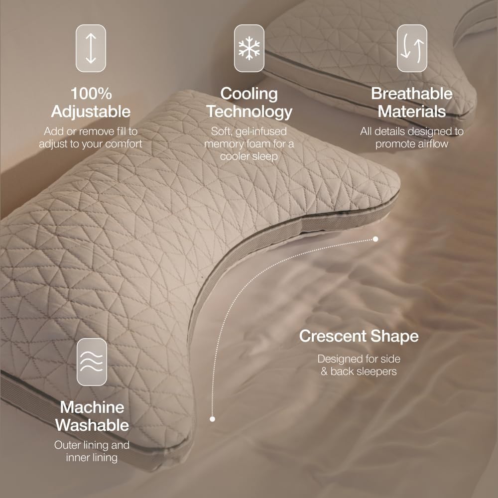 CoopSleepGoods Coop Home Goods Eden Crescent Bed Pillow for Side & Back Sleepers, Queen Size, Adjustable Medium Soft Memory Foam Pillow wit…