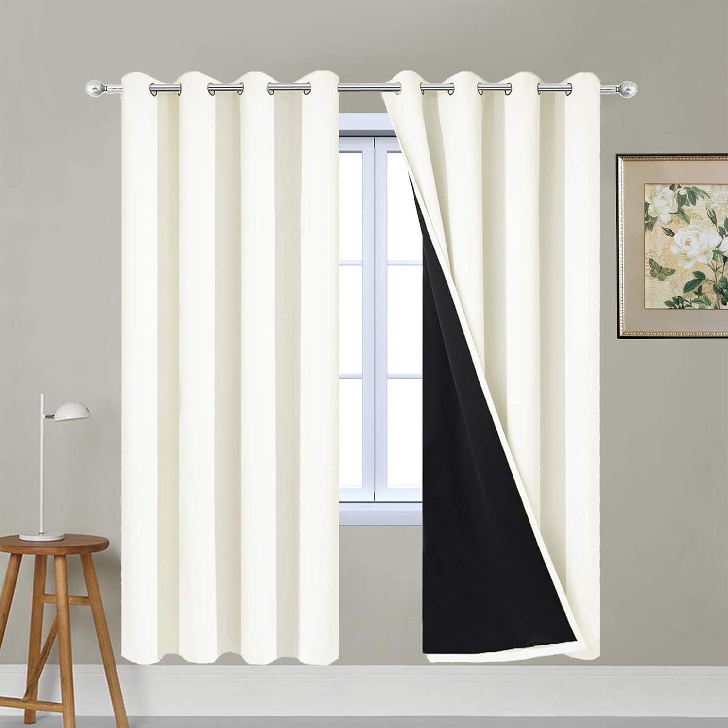 Yakamok 100% Blackout Curtains for Bedroom, Thermal Insulated Double Layer Drapes with Grommet for Living Room, Cream, 2 Panels, W52 x L72…
