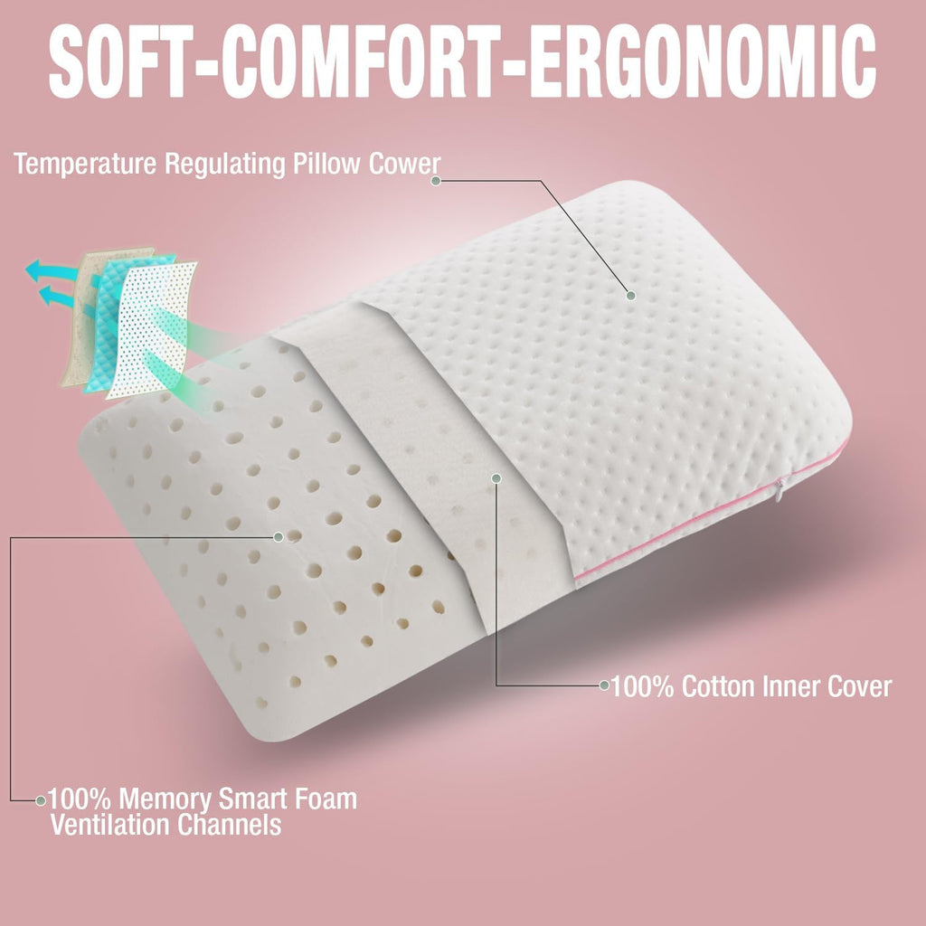 alkamto Travel & Camping Comfortable Memory Foam Pillow – Easy to Carry Portable Bag – Temperature Regulating Pillow Case (Pink + Extra…